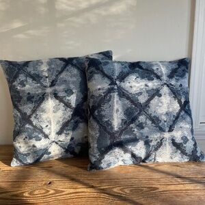 Two Blue and grey tie dye style navy trellis accent pillows 17”